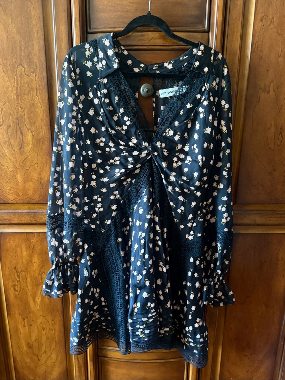 Self-Portrait Black Floral Lace Dress with Pink Flowers